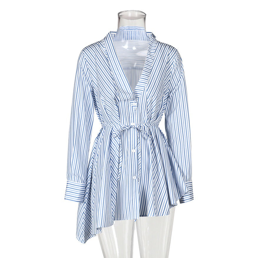 Blue Striped Irregular Blouse