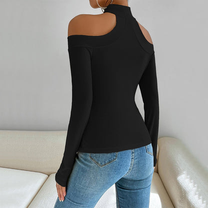 Off shoulder slim knit long sleeved t-shirt with versatile temperament top