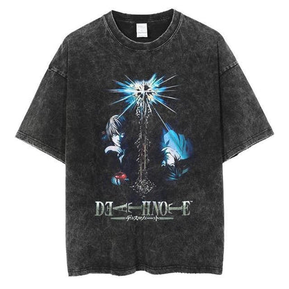 Washed retro men's short-sleeved t-shirt summer anime peripheral printed loose t-shirt for men