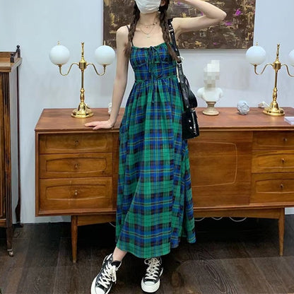 French retro plaid halter dress