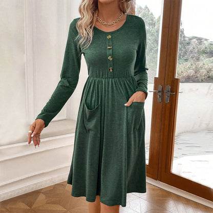 button pocket knitted long sleeved dress