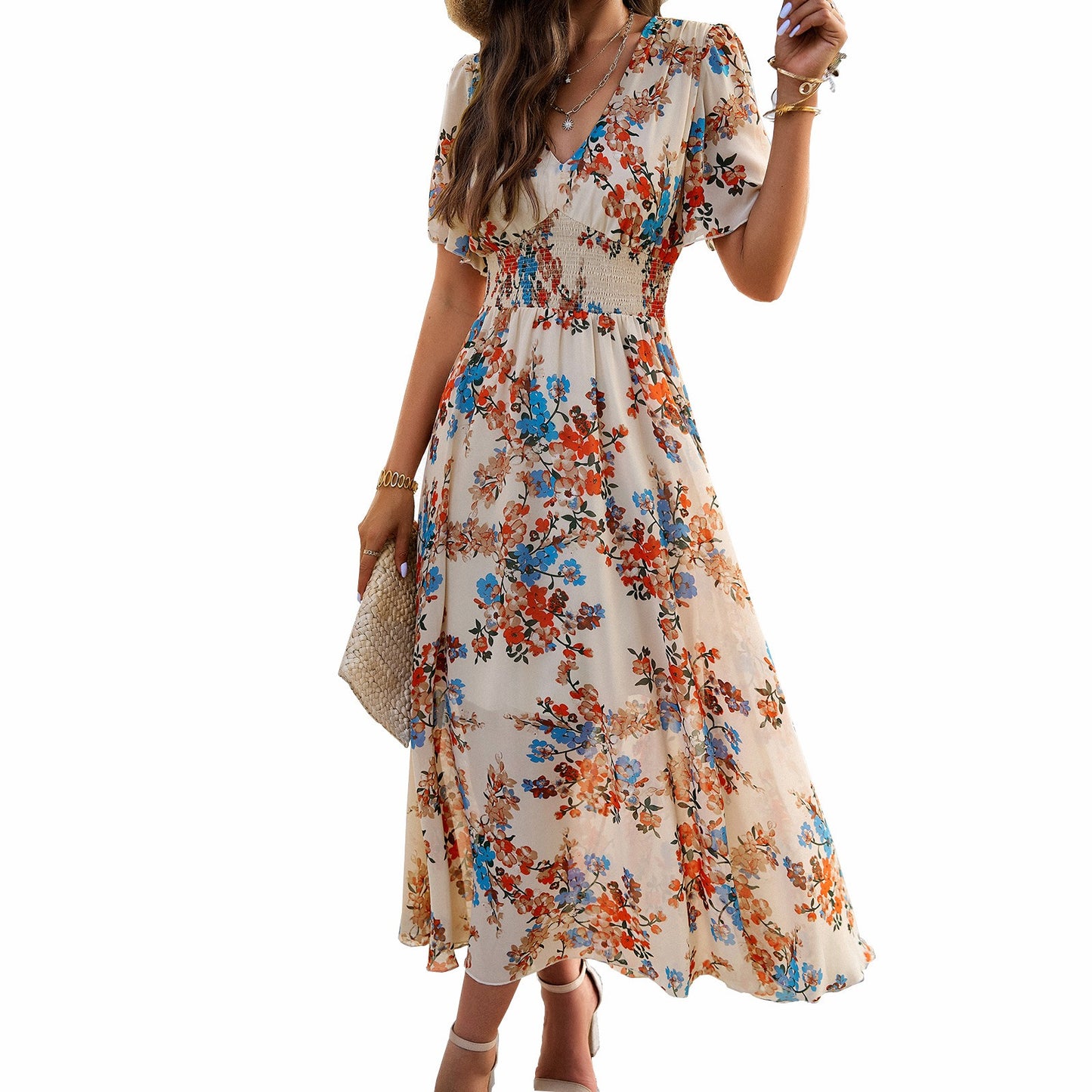 Women's spring/summer style print waist short sleeve dress