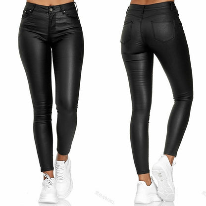 High Waist Solid Leather Casual Pants