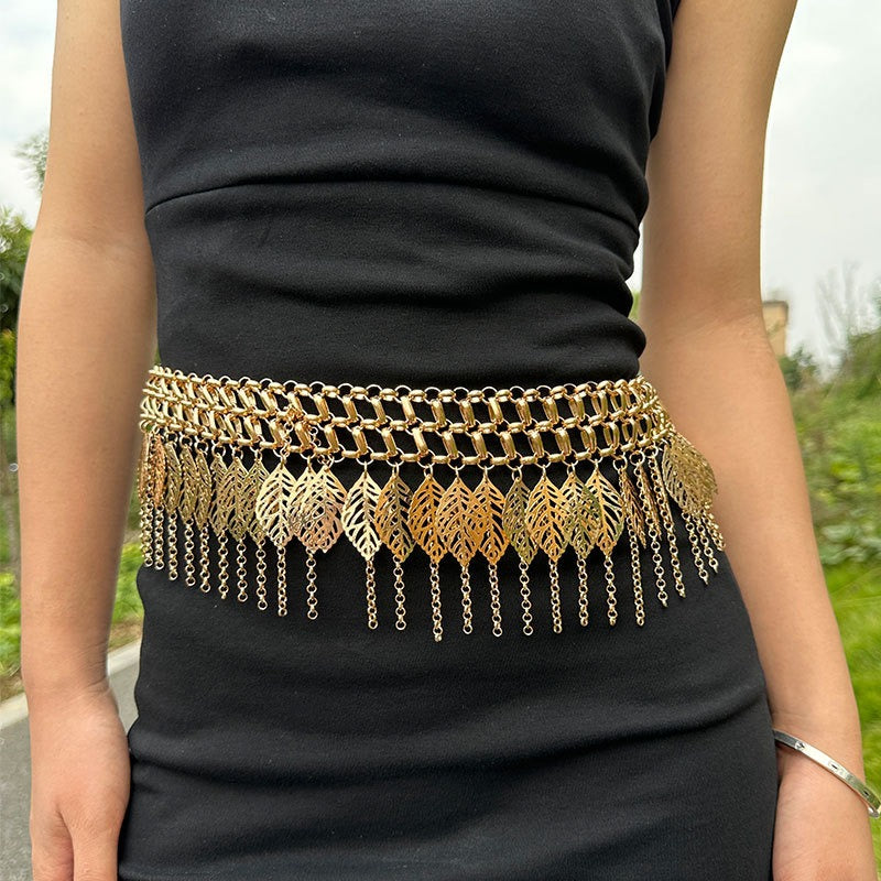 Heavy Industry Waist Chain Multi layered Golden Leaf Tassel Belt