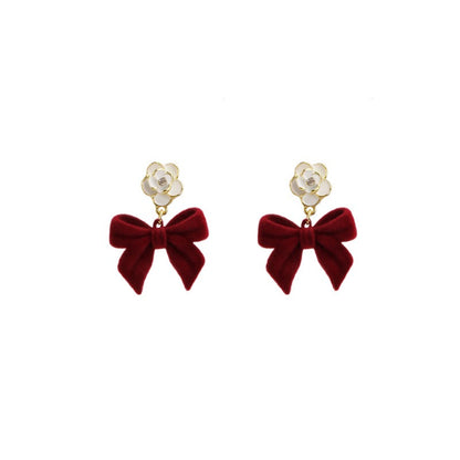 Floral Bowtie Camellia Earrings for Women in Autumn and Winter