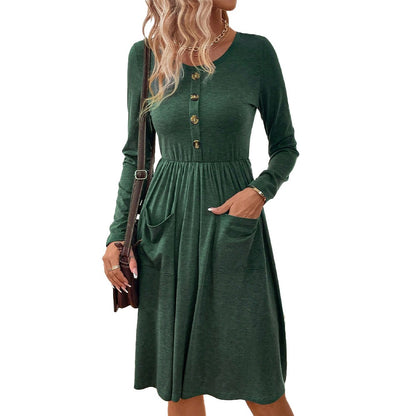 button pocket knitted long sleeved dress