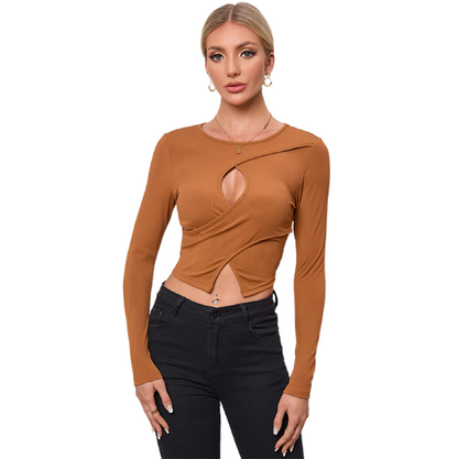 Round neck long sleeved knitted versatile solid color slim fit hollow top