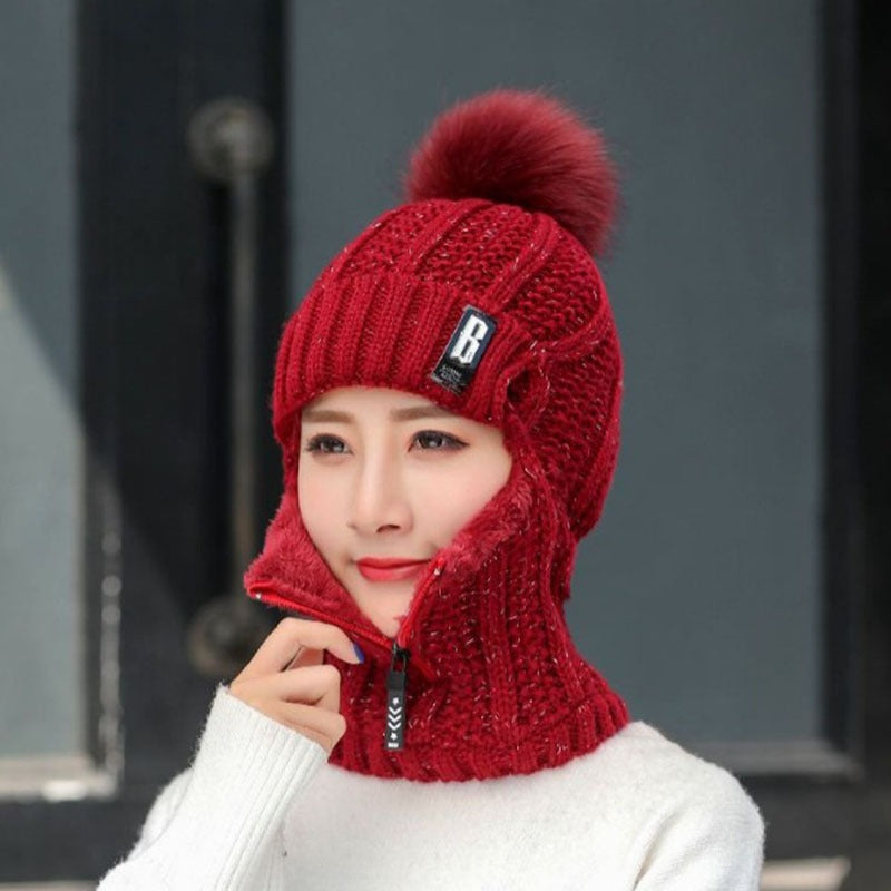 B-label knitted plush pullover ear protection hat for women with zippered neckband and warm hat