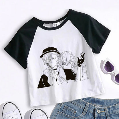 Crop Top Cartoon T Shirt Anime Bungou Stray Dogs Chuuya Nakahara Osamu Dazai Women Tops Tee Summer Clothes Camiseta Streetwear