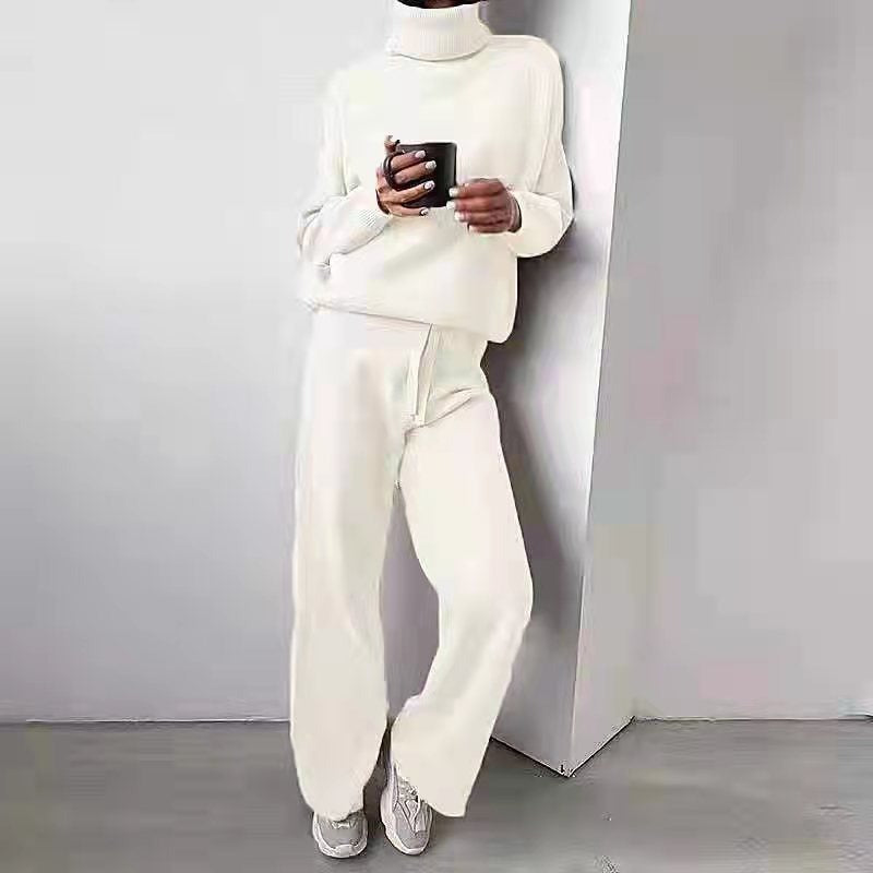 High necked solid color sweater knitted pants for women