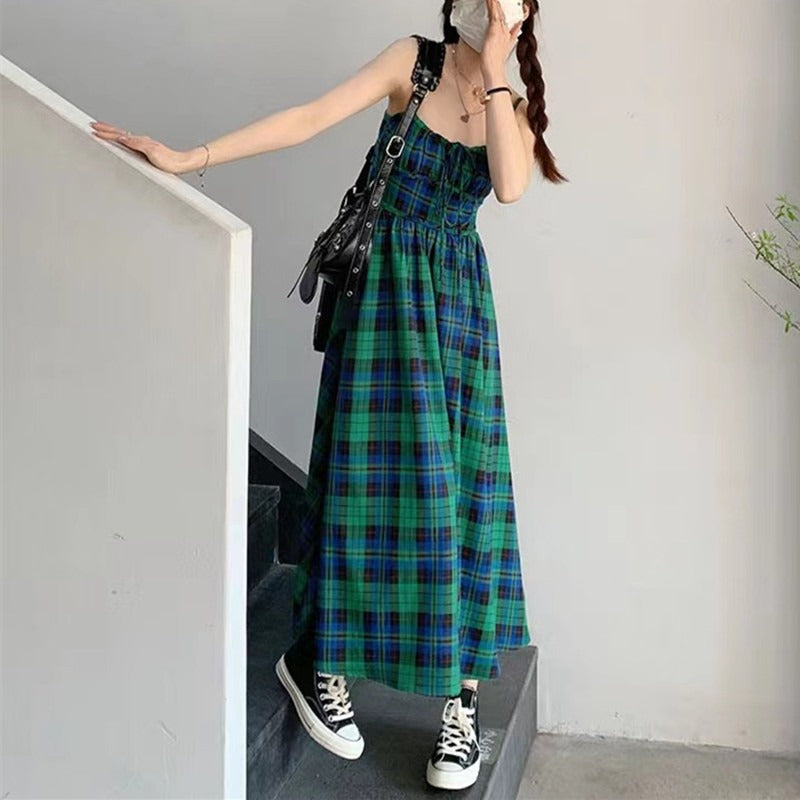 French retro plaid halter dress