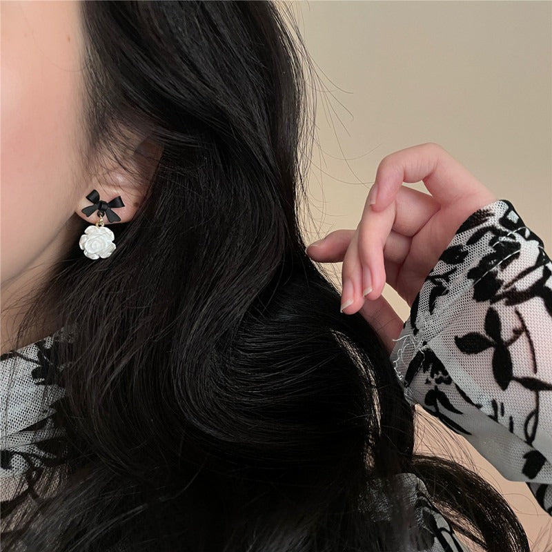 Silver Needle Korean Flower Bow Earrings for Women