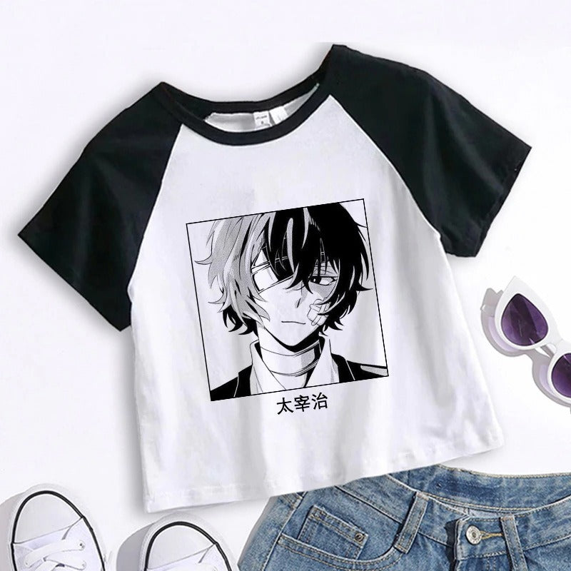 Crop Top Cartoon T Shirt Anime Bungou Stray Dogs Chuuya Nakahara Osamu Dazai Women Tops Tee Summer Clothes Camiseta Streetwear