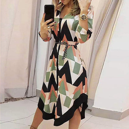 Mid length skirt printed plaid lapel tie up dress