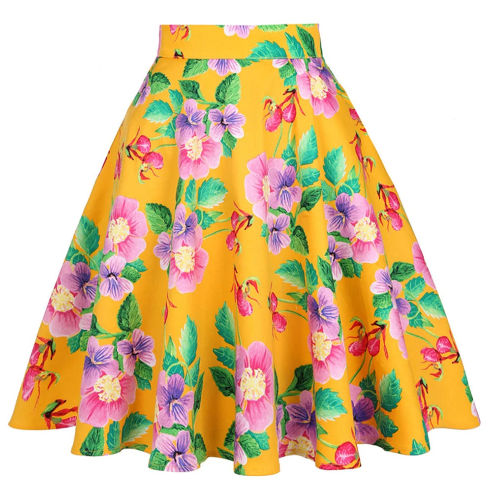 SISHION 2023 Floral Print Women Skirts Summer Green High Waist Casual Vintage Swing Retro Skater Midi Skirt Falads Mujer VD0020