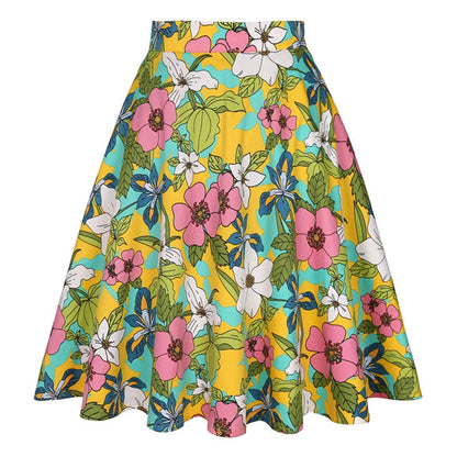 SISHION 2023 Floral Print Women Skirts Summer Green High Waist Casual Vintage Swing Retro Skater Midi Skirt Falads Mujer VD0020