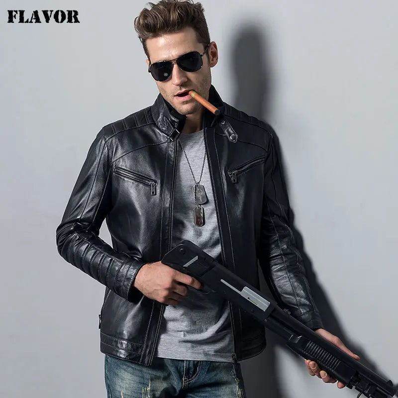 Men's Genuine Sheepskin Leather Jacket motorcycle coat male lambskin Real Leather Bomber jacket