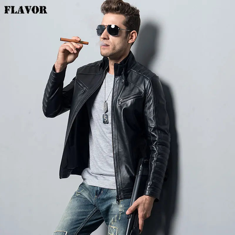 Men's Genuine Sheepskin Leather Jacket motorcycle coat male lambskin Real Leather Bomber jacket