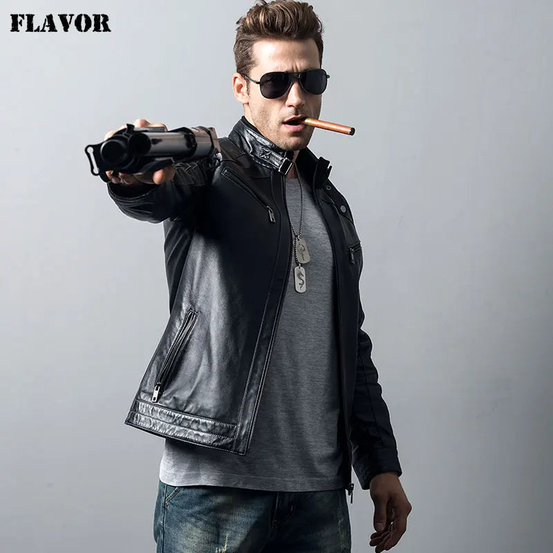 Men's Genuine Sheepskin Leather Jacket motorcycle coat male lambskin Real Leather Bomber jacket