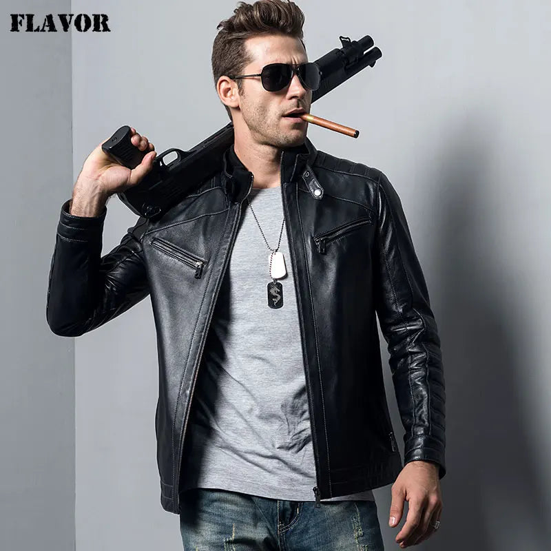 Men's Genuine Sheepskin Leather Jacket motorcycle coat male lambskin Real Leather Bomber jacket