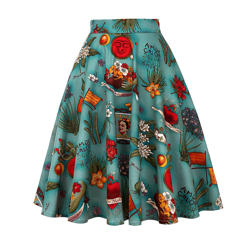 SISHION 2023 Floral Print Women Skirts Summer Green High Waist Casual Vintage Swing Retro Skater Midi Skirt Falads Mujer VD0020