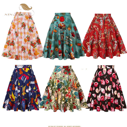 SISHION 2023 Floral Print Women Skirts Summer Green High Waist Casual Vintage Swing Retro Skater Midi Skirt Falads Mujer VD0020