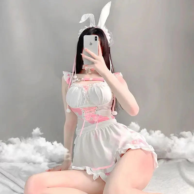 Pink Maid Rabbit Girl Uniform Lolita Bunny Sexy Halloween Costumes for Women Lingerie Naughty Nightdress Cosplay Anime Dress