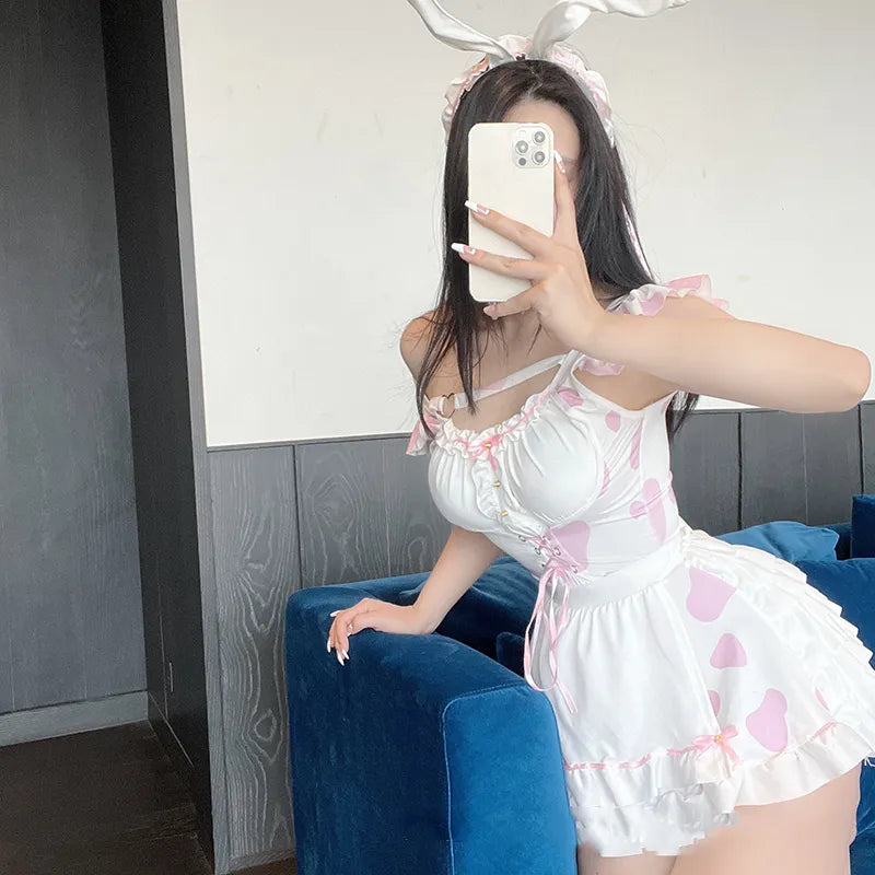 Pink Maid Rabbit Girl Uniform Lolita Bunny Sexy Halloween Costumes for Women Lingerie Naughty Nightdress Cosplay Anime Dress