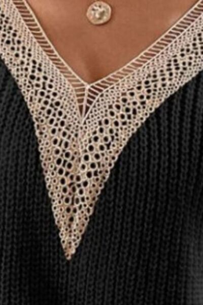 Openwork V-Neck Dropped Shoulder Sweater