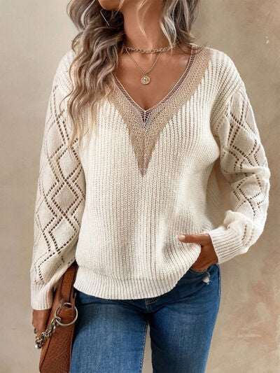 Openwork V-Neck Dropped Shoulder Sweater