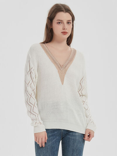 Openwork V-Neck Dropped Shoulder Sweater