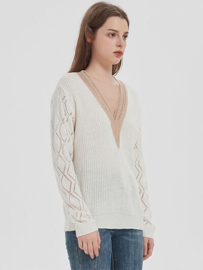 Openwork V-Neck Dropped Shoulder Sweater