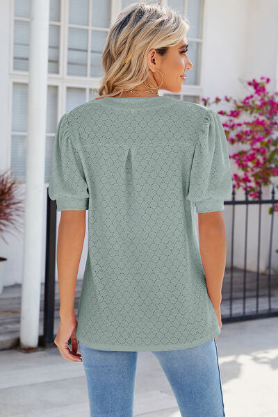 Eyelet Notched Puff Sleeve T-Shirt